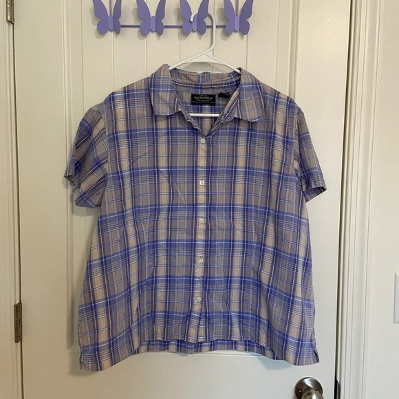 Vintage Genuine Sonoma Women’s purple plaid button down shirt — XL - Picture 1 of 6